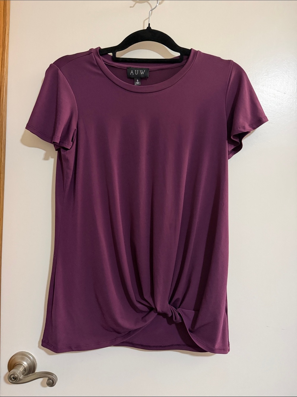 AUW Women's Wine Plum Short Sleeve Knot-Front Tee